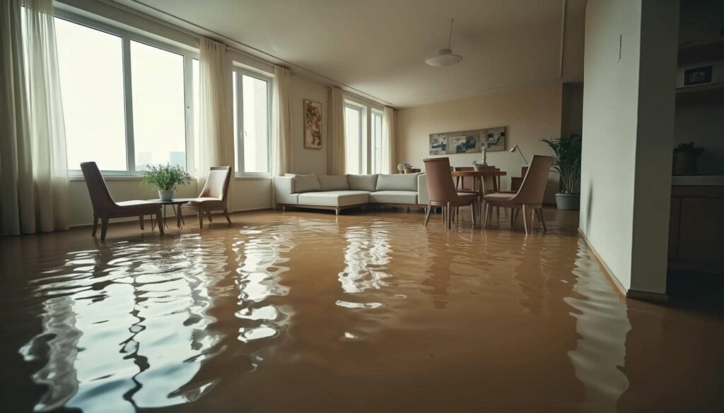 Living room flooded with muddy water covering the floor around furniture.