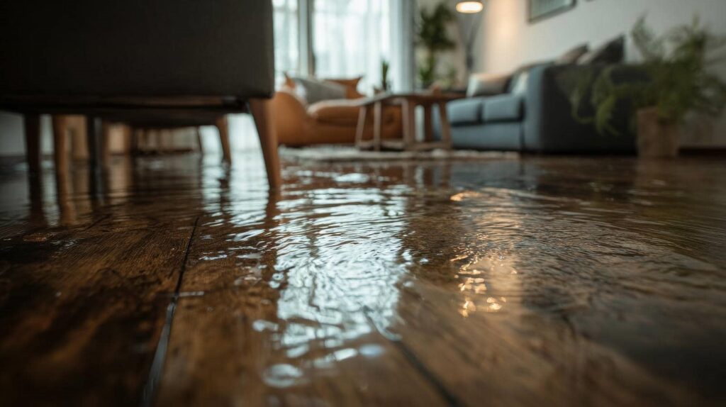 Water flooding a wooden floor in a living room with sofas and a coffee table.