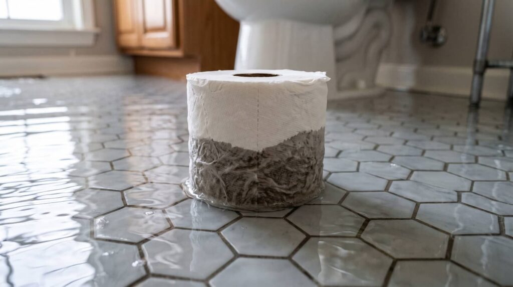 A toilet paper roll partially soaked and dirty, sitting on a flooded hexagonal tile bathroom floor.