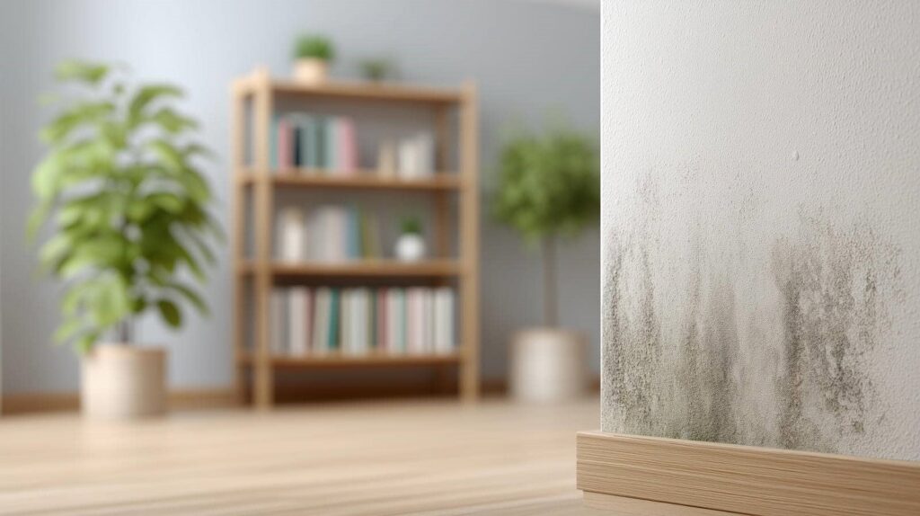 Mold growth on the lower part of a white interior wall near a wooden baseboard.