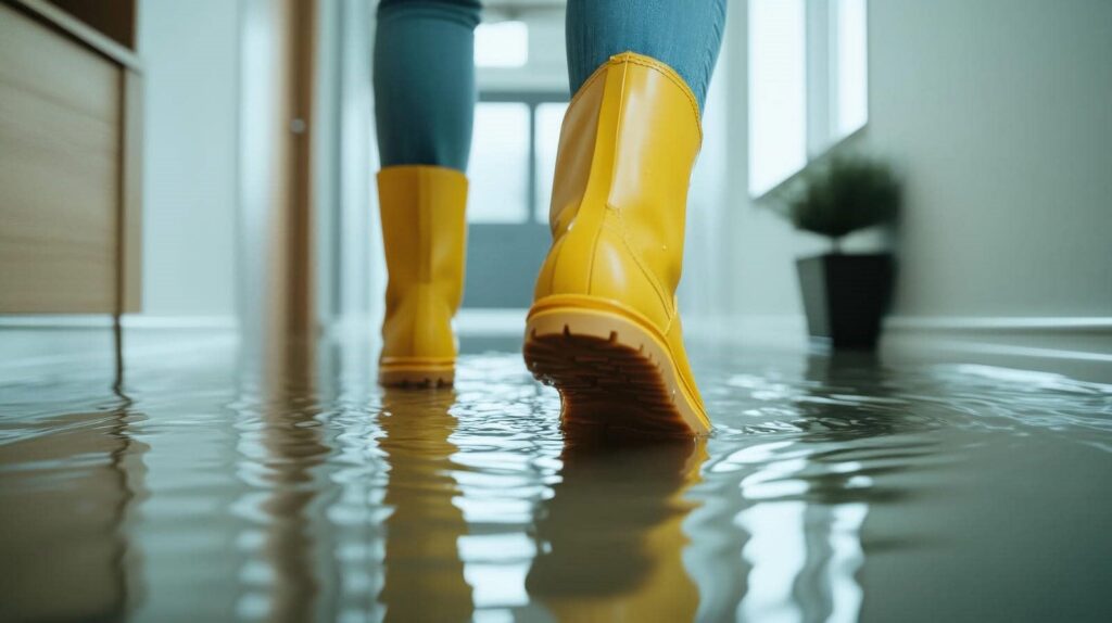 Person wearing yellow rain boots walking through a flooded indoor hallway.