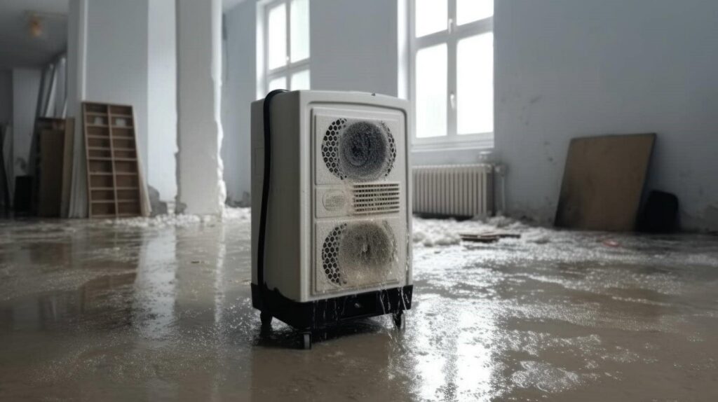 Dehumidifier running on a wet floor in a bright, empty room with scattered debris.