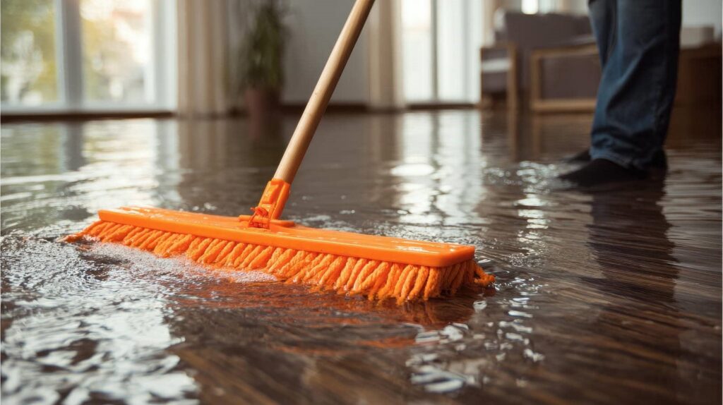 Person using an orange broom to push water off a flooded wooden floor indoors.