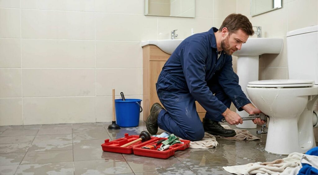 Plumber in blue coveralls fixing a leaking toilet with tools and a bucket nearby in a wet bathroom.