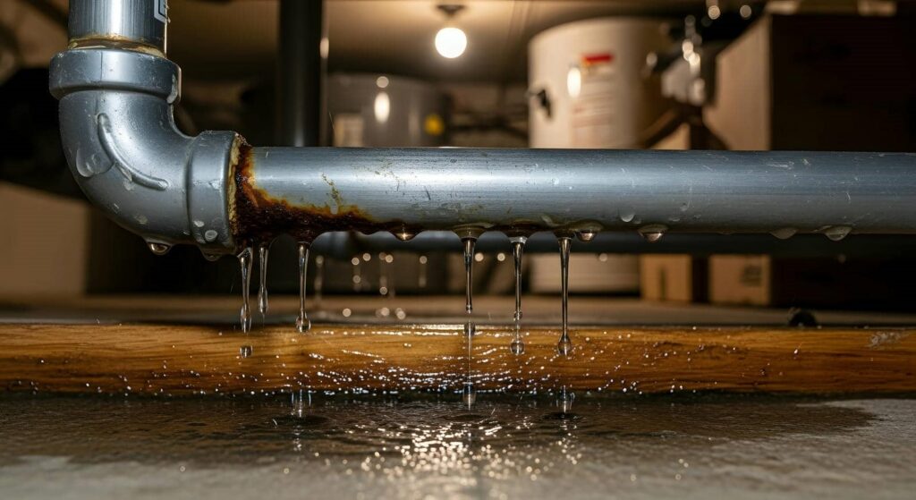 Rusty metal pipe leaking water drops onto a wooden surface below.