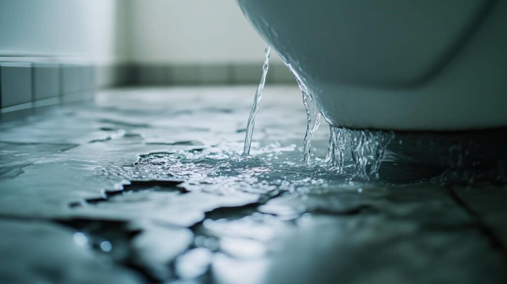 Water leaking and pooling on a tiled floor from the bottom of a bathtub.