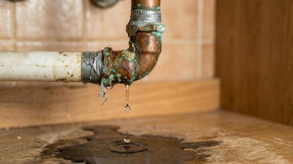 Leaking rusty pipe with water droplets falling onto a wet wooden surface.