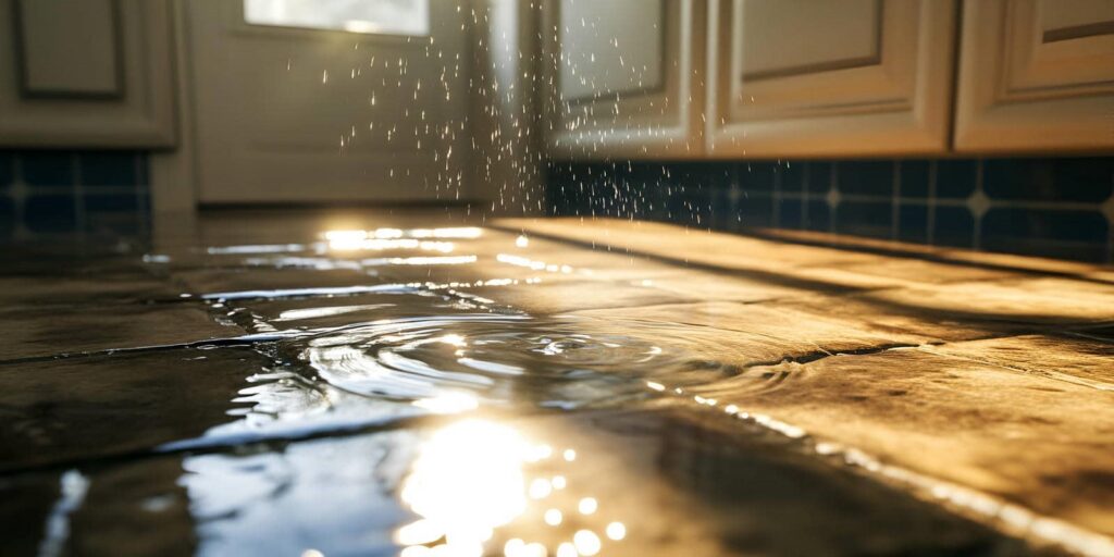 Water droplets falling and splashing on a tiled kitchen floor with sunlight reflections.
