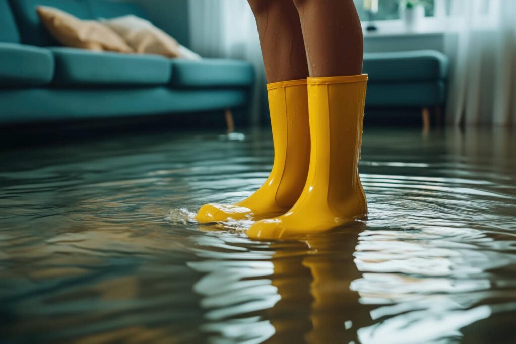 Legs wearing yellow rain boots standing in a flooded living room with water covering the floor.