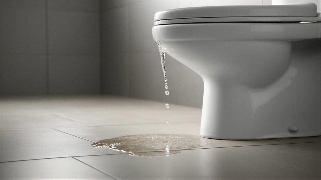Water leaking from the side of a toilet onto a tiled bathroom floor.