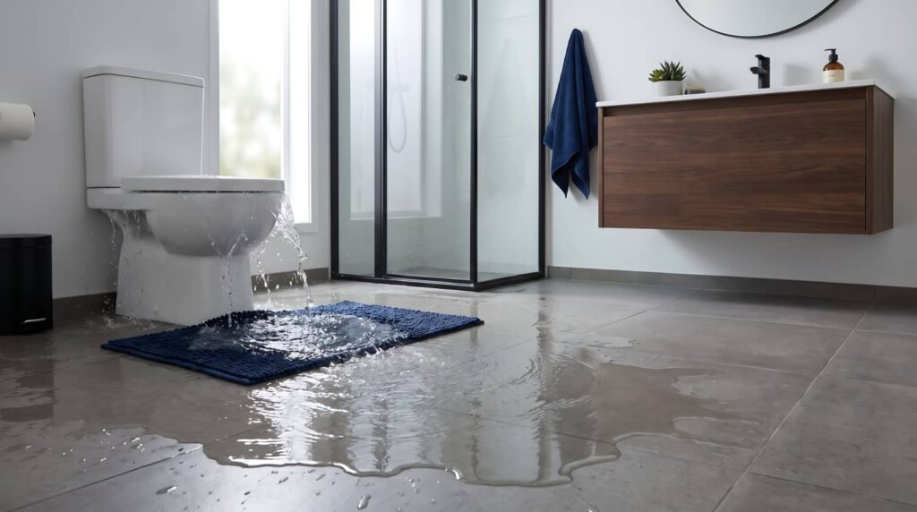 Toilet overflowing with water flooding the bathroom floor.