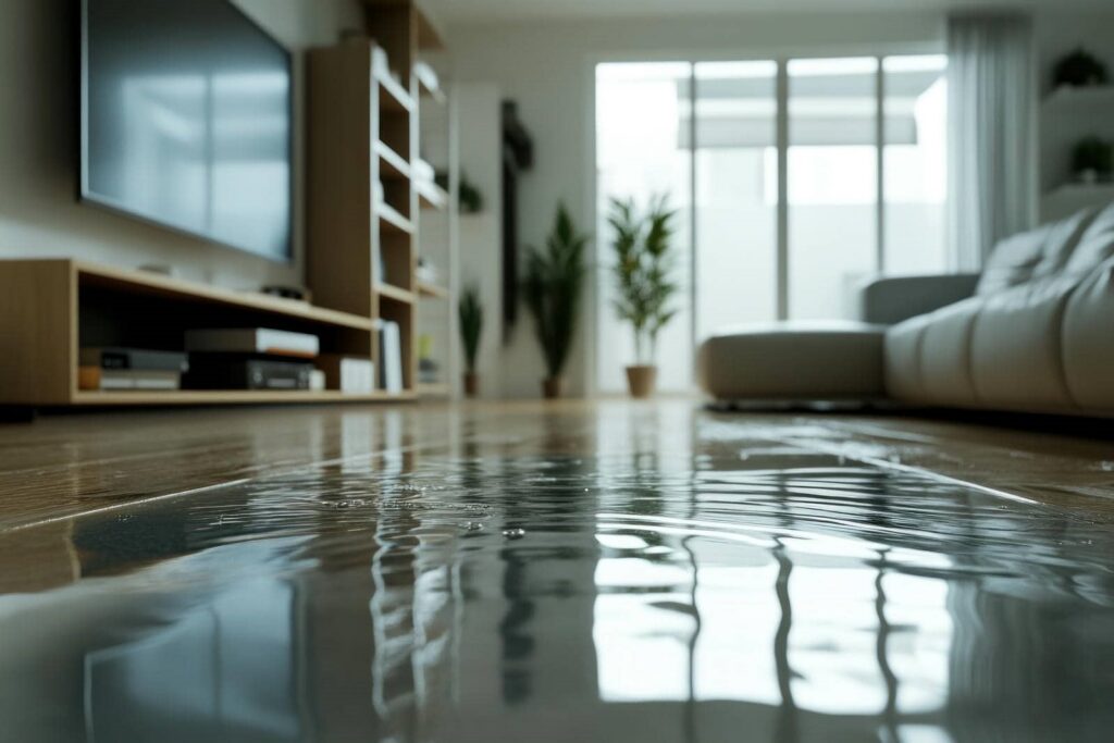 Water pooled on a wooden floor in a modern living room with a TV and sofa.