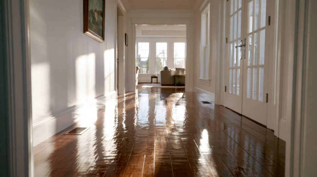 Sunlit hallway with glossy wooden floors leading to a living room.