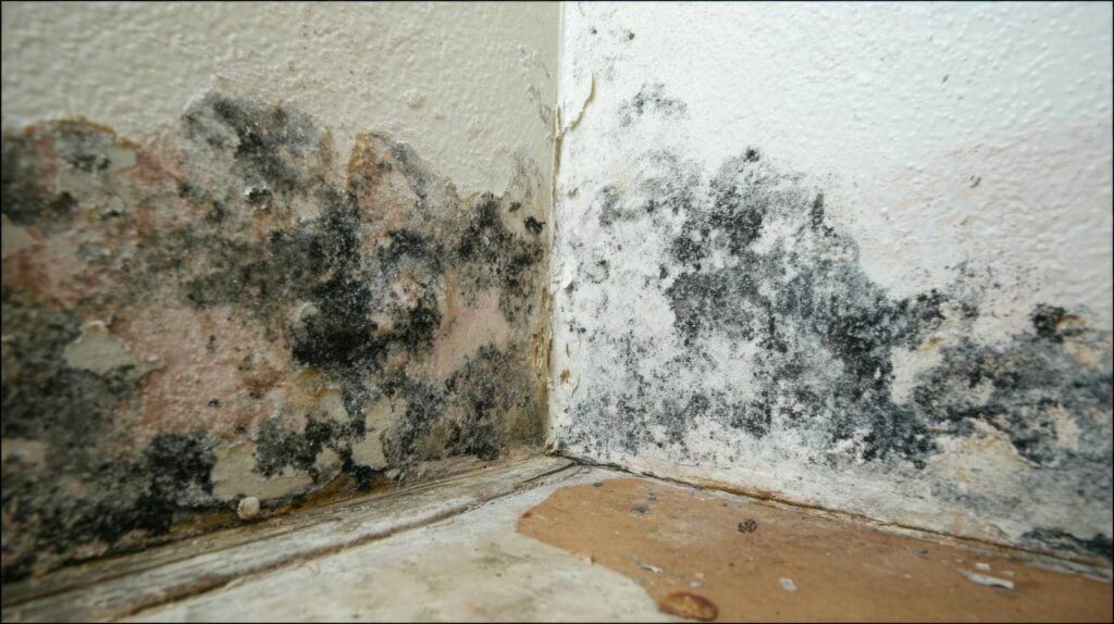 Black mold growing on the corner walls.