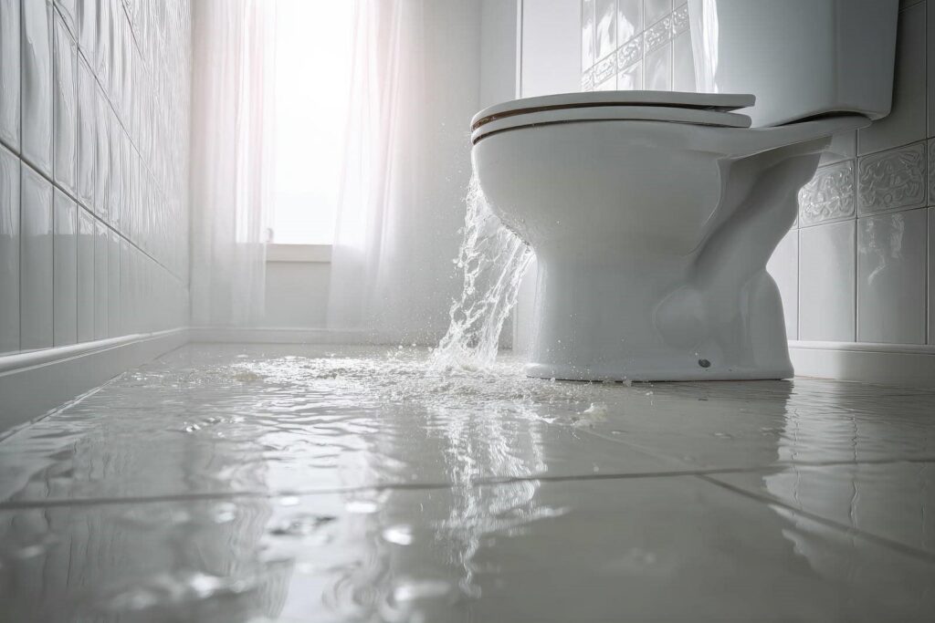 Water leaking and flooding from a toilet onto a tiled bathroom floor.