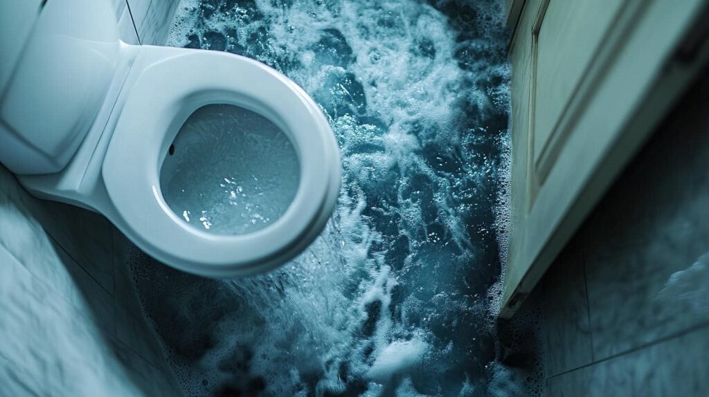 Toilet overflowing with water flooding the bathroom floor.