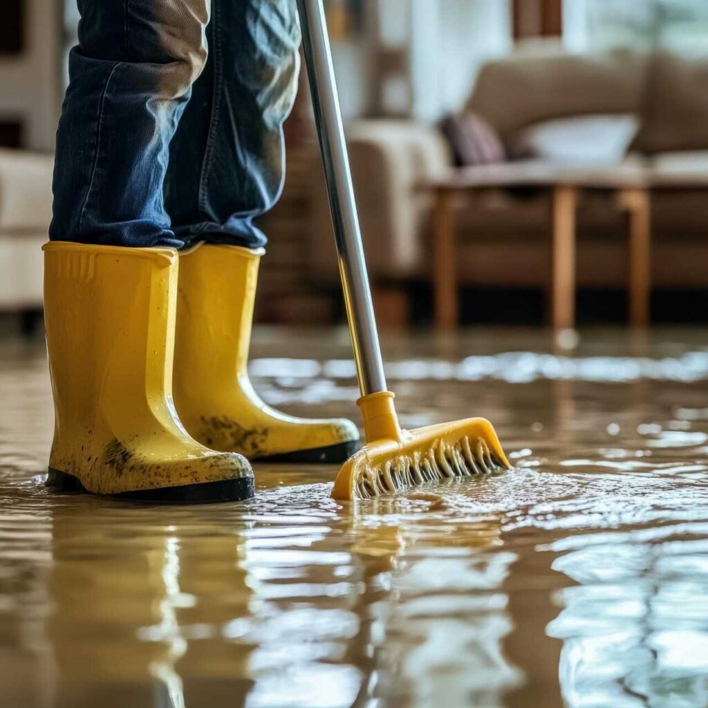 Person in yellow boots using a mop to clean water from a flooded floor inside a room.
