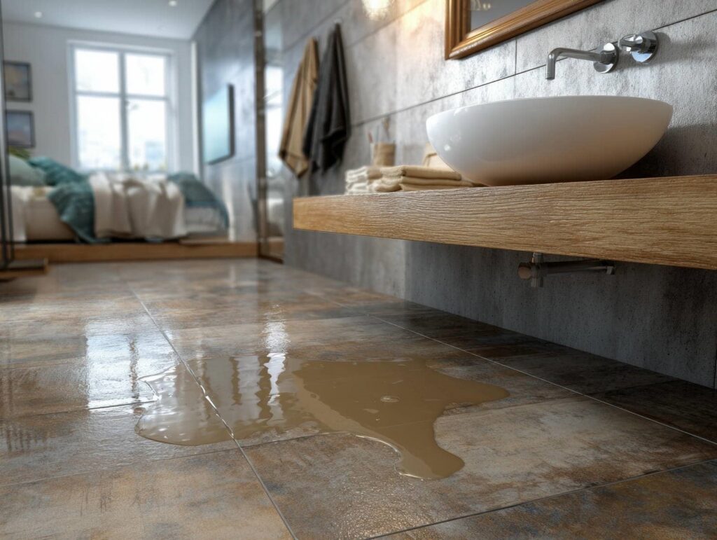 Water spilled on a tiled bathroom floor beneath a wall-mounted sink.