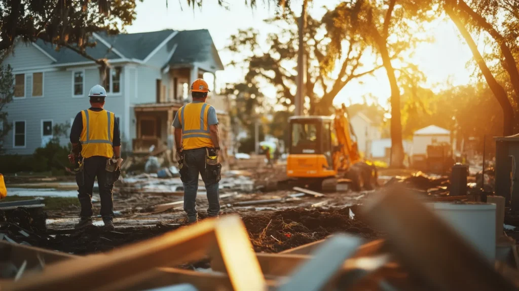 Two construction workers in safety vests and helmets stand on a muddy site near a house and excavator.