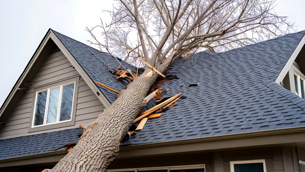Large tree fallen on a house roof, causing significant damage and broken shingles.