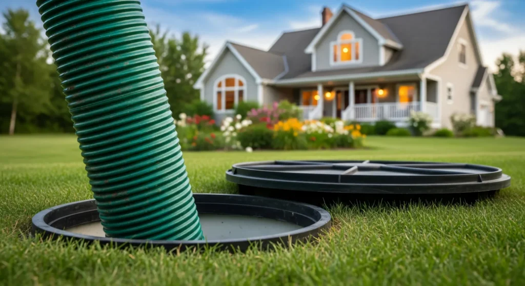 Green corrugated pipe emerging from a septic tank lid in a grassy yard with a house in the background.