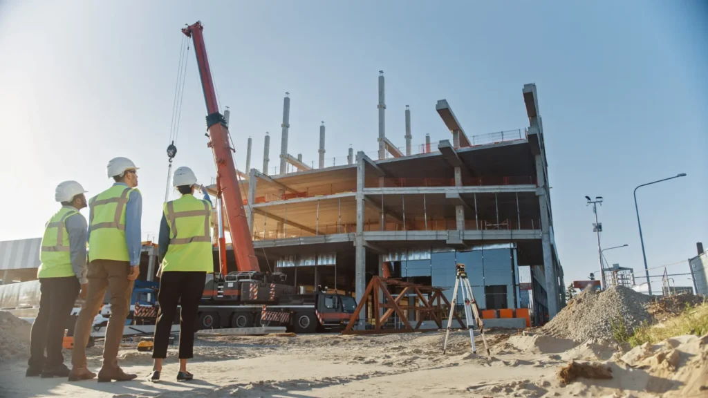 Three construction workers in safety gear observe a crane lifting materials at a building site.