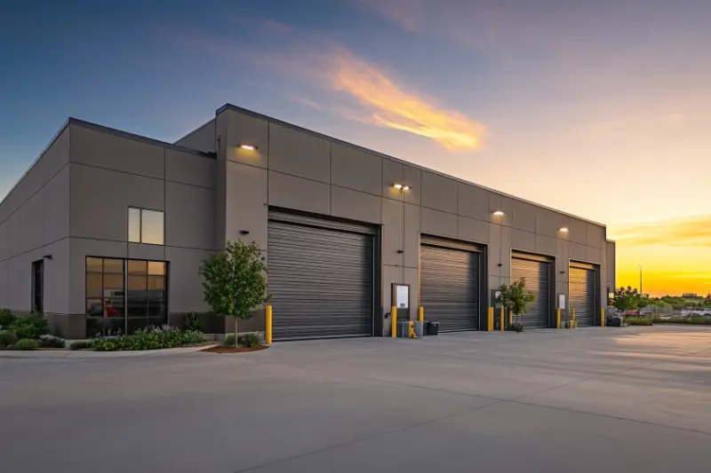 Modern industrial warehouse with four large closed garage doors at sunset.