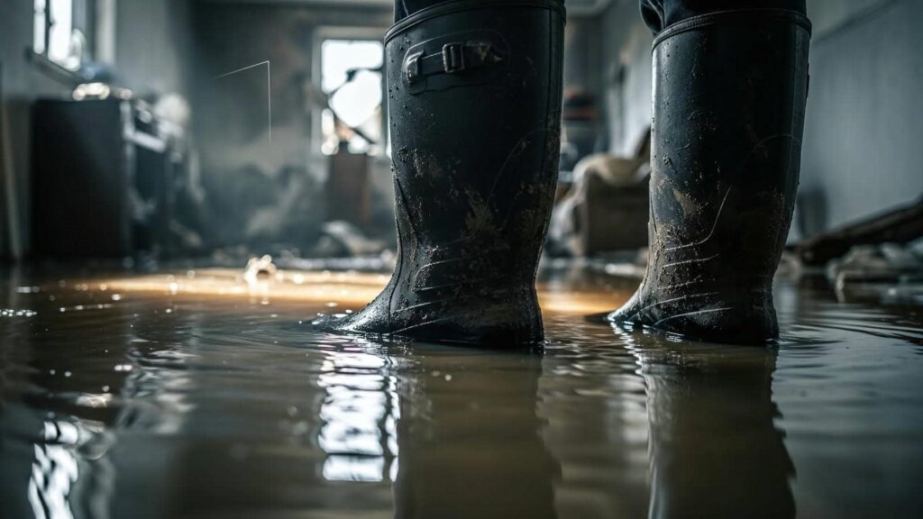 Person wearing muddy black rubber boots standing in a flooded room with water covering the floor.