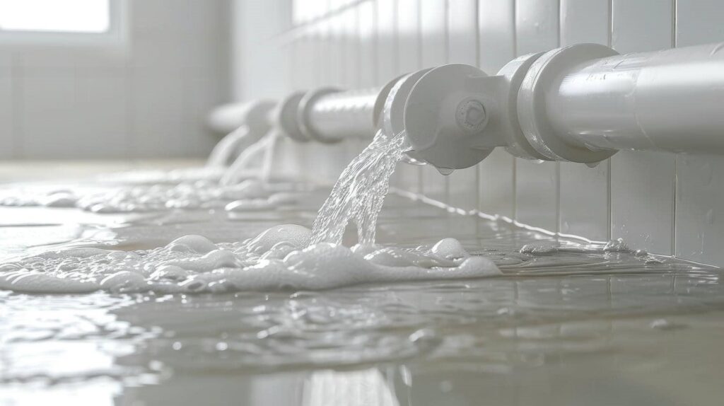 Water leaking and flowing from a white pipe onto a tiled floor.