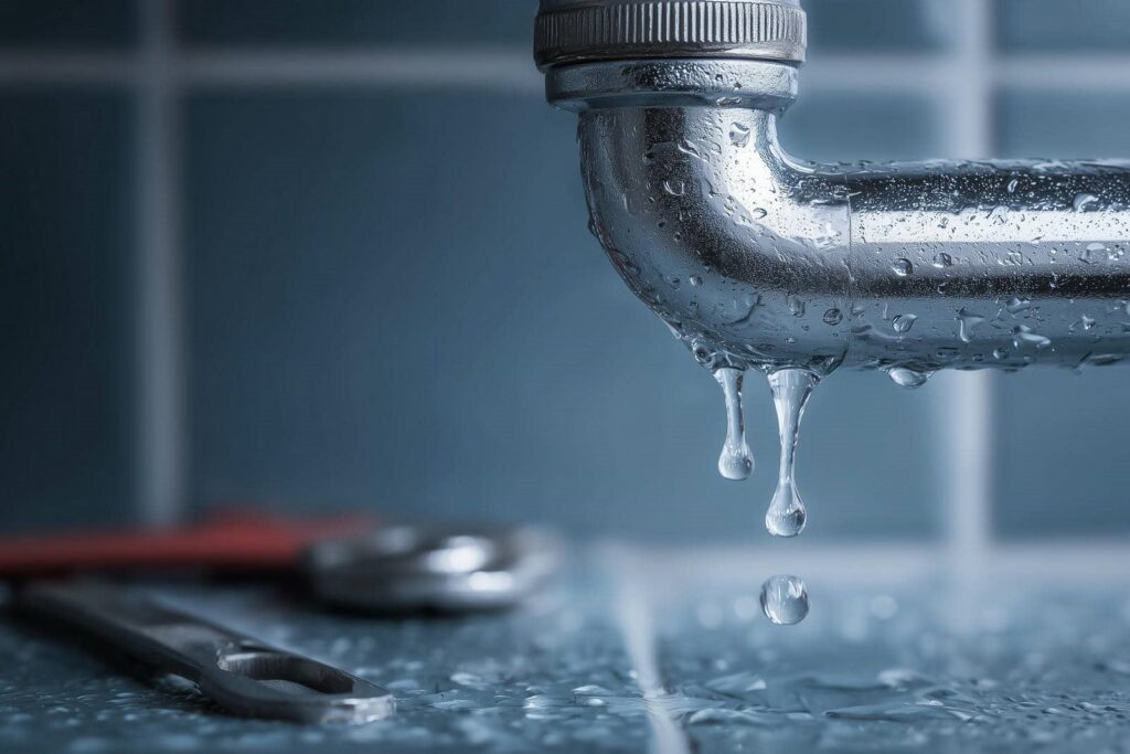 Close-up of a leaking metal pipe with water droplets falling and a wrench on a wet surface below.
