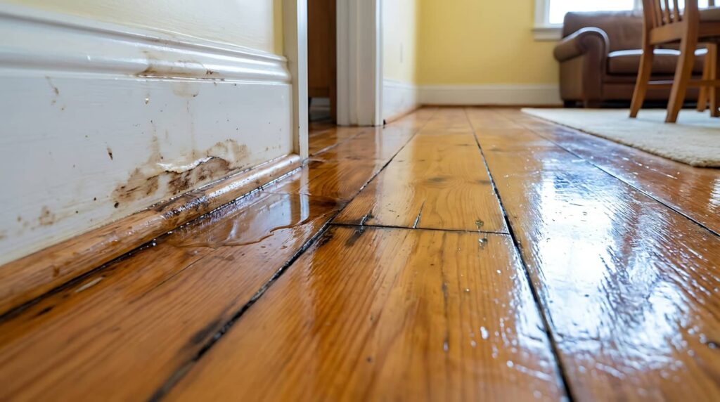 Water-damaged wooden floor with stains and warping near a white baseboard in a hallway.
