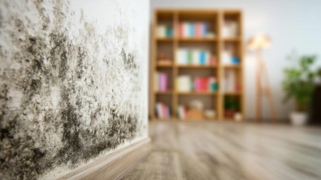 Black mold growing on a white interior wall near a wooden floor with a blurred bookshelf and lamp in the background.