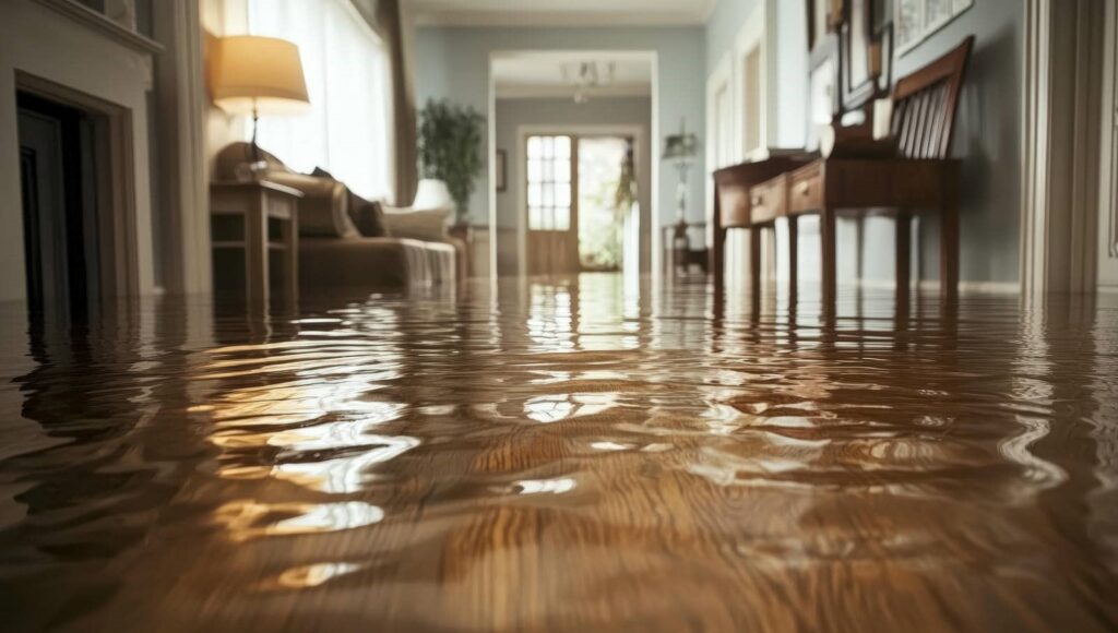 Flooded living room with water covering the wooden floor and furniture partially submerged.