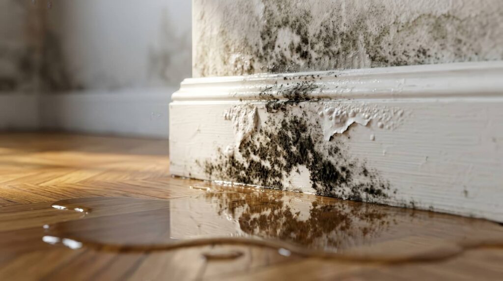 Water damage and black mold growing on a white baseboard and wall near a wooden floor.