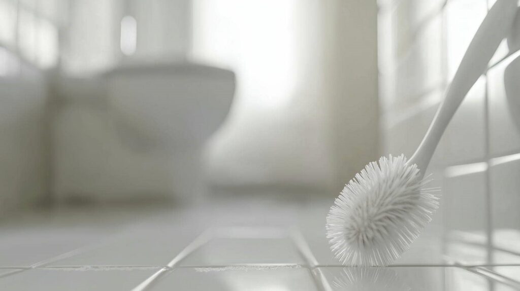 Toilet brush resting on white tiled floor with blurred toilet in background.