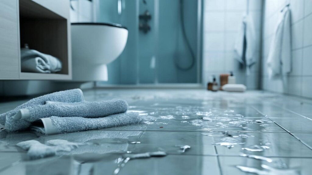 Wet bathroom floor with scattered towels and water puddles near a toilet and shower area.