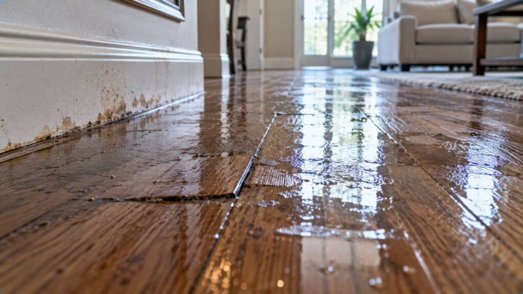 Water-damaged hardwood floor with standing water in a living room.