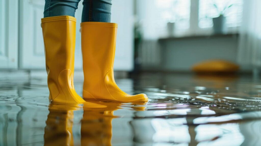 Person wearing yellow rain boots standing in a flooded indoor area with water reflections.