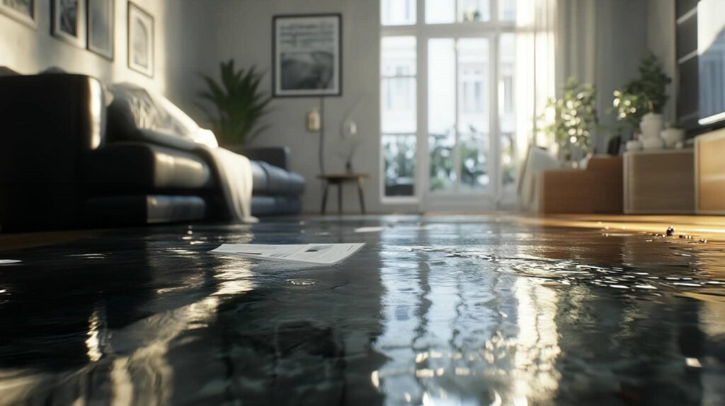 Water flooding a living room floor with a floating paper and a sofa in the background.