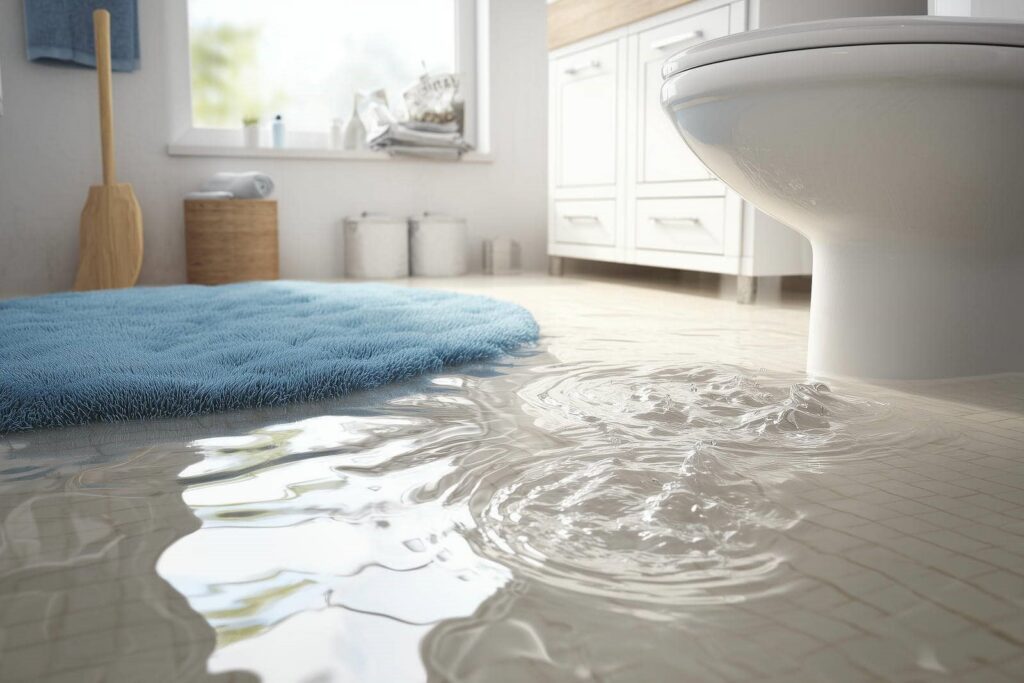Water flooding the floor around a toilet in a bathroom with a blue rug.
