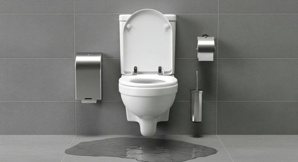 White wall-mounted toilet with open lid and water spilled on the floor beneath it.