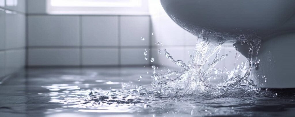 Water overflowing and splashing from a toilet bowl onto the tiled floor.