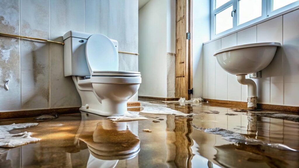 Bathroom floor flooded with water around a toilet and a wall-mounted sink.