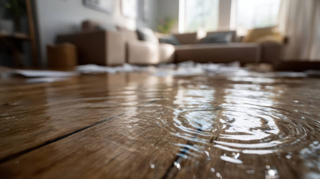 Water flooding a living room floor.