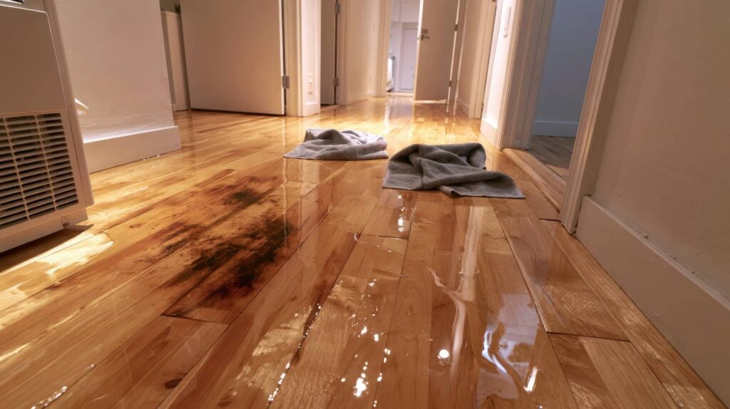 Wet hardwood floor in a hallway with two towels placed to soak up water.