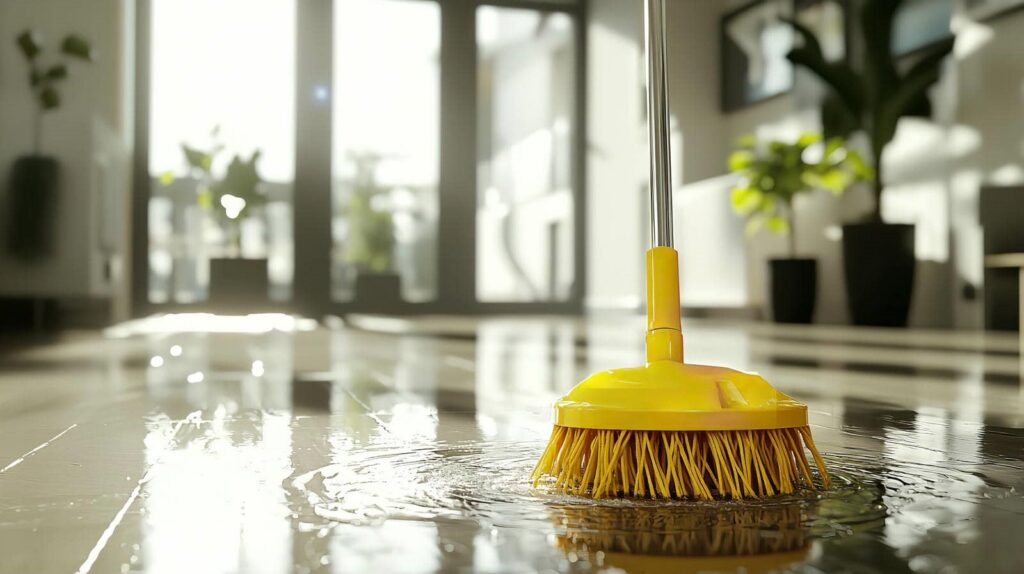 Yellow mop scrubbing a wet floor in a bright room with potted plants.