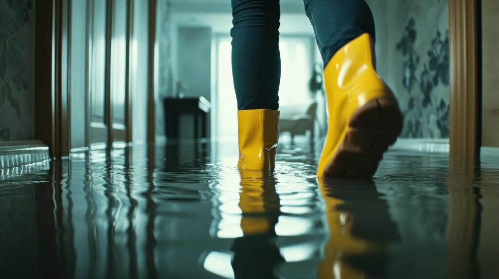 Person wearing yellow rain boots walking through a flooded indoor hallway.
