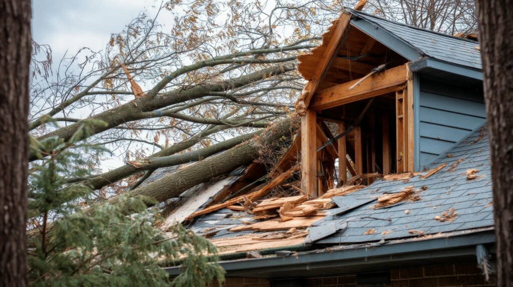 Large tree fallen on a house, causing severe roof and structural damage.