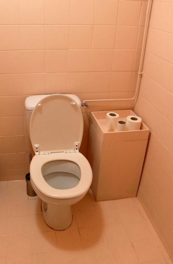 White toilet with open lid next to a beige container holding three rolls of toilet paper in a tiled bathroom.