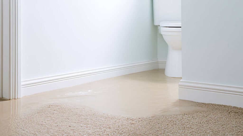 Bathroom floor flooded around a toilet.
